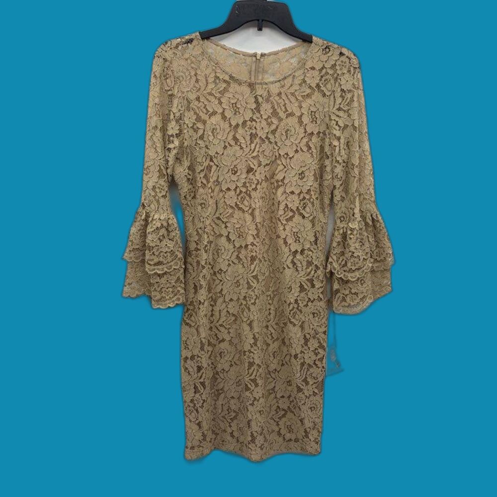 Beige Calvin Klein Lace Dress with bell sleeves Size 8 New With Tags